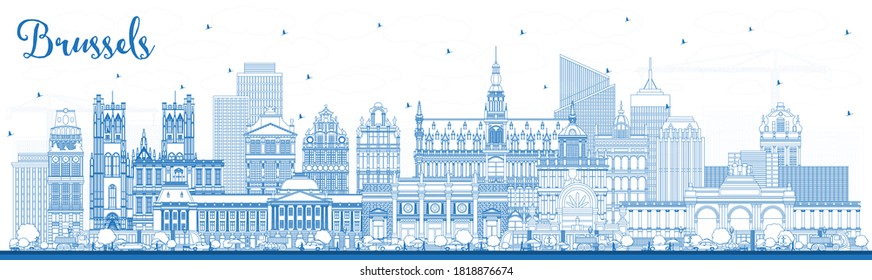 Outline Brussels Belgium City Skyline with Blue Buildings. Vector Illustration. Brussels Cityscape with Landmarks. Business Travel and Tourism Concept with Historic Architecture.