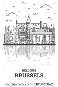 Outline Brussels Belgium City Skyline with Historic Buildings and Reflections Isolated on White. Vector Illustration. Brussels Cityscape with Landmarks.