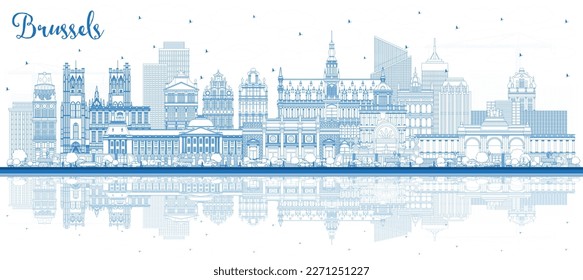 Outline Brussels Belgium City Skyline with Blue Buildings and Reflections. Vector Illustration. Brussels Cityscape with Landmarks. Business Travel and Tourism Concept with Historic Architecture.