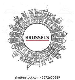 Outline Brussels Belgium City Skyline with Historic Buildings and copy space Isolated on White. Vector Illustration. Brussels Cityscape with Landmarks.