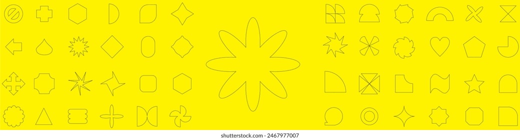 outline Brutalist abstract geometric shapes, star oval spiral flower and other primitive elements, Modern abstract graphic design elements. shape template for presentation design, flyer