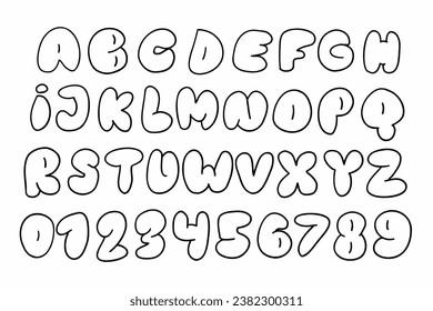 Outline bubble black english A to Z alphabet latin abc font and digits 0 to 9 set. Vector illustration in doodle hand written style isolated on white background. For typography, school, naming, menu.