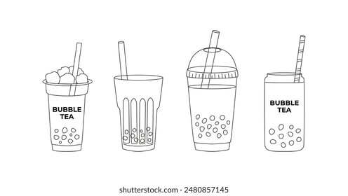 Outline bubble tea clipart. Tapioca milk tea, boba tea. Taiwanese traditional drink with tapioca balls. Line art drawing, sketch, contour. Coloring page.