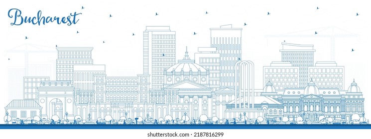 Outline Bucharest Romania City Skyline with Blue Buildings. Vector Illustration. Bucharest Cityscape with Landmarks. Business Travel and Tourism Concept with Historic Architecture.