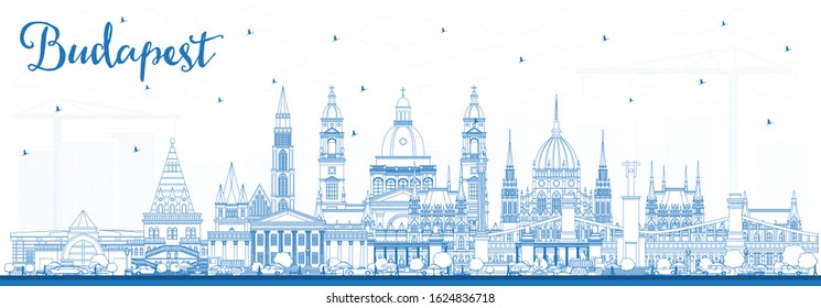 Outline Budapest Hungary City Skyline with Blue Buildings. Vector Illustration. Business Travel and Tourism Concept with Historic Architecture. Budapest Cityscape with Landmarks.