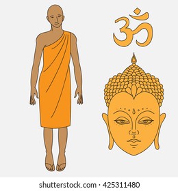 Outline buddhist monk, Head of Buddha. Om sign. Isolated icons of Mudra. Beautiful detailed, serene. Vintage decorative elements. Indian, Hindu motifs. Outline buddhist monk 