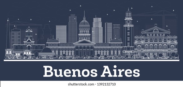 Outline Buenos Aires Argentina City Skyline with White Buildings. Vector Illustration. Business Travel and Tourism Concept with Historic Architecture. Buenos Aires Cityscape with Landmarks. 