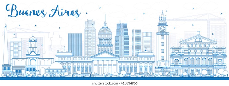 Outline Buenos Aires Skyline with Blue Landmarks. Vector Illustration.