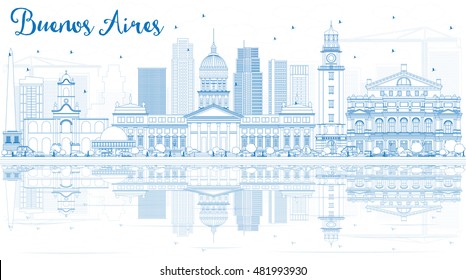 Outline Buenos Aires Skyline with Blue Landmarks and Reflections. Vector Illustration.