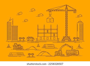 Outline building, construction site of house build architecture, vector background. Crane at construction site of city building in thin line art, urban home or office building construction equipment