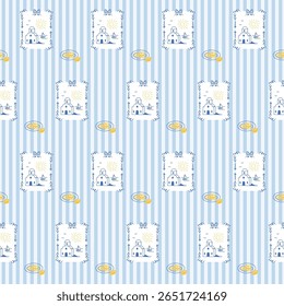Outline Building House and Boat Seamless Pattern. Sketch Vintage Wrapping Paper Print. Doodle Line Mediterranean Amalfi Style Stroke Symbol Textile Swatch. Striped Minimalist Hand Drawn Surface Design