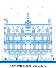 Outline Building Maison du Roi (King's House, 1887) on Grand Place square (Grote Markt). Brussels, Belgium. Now this building houses Museum of the City of Brussels. Vector illustration
