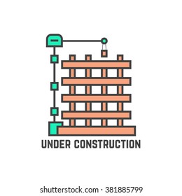 outline building under construction. concept of page not found info, cityscape, machine, apartment, engineer, growth, build. flat style trend modern logo design vector illustration on white background