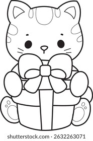 Contorno de um bando de gato bonito com várias atividades.
Lineart de kawaii animal kitty para scrapbook e adesivo.
esboço de gatinho trazer uma caixa de presente
