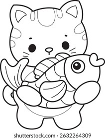 Outline of a bunch of cute cat with various activities.
Lineart of kawaii animal kitty for scrapbook and sticker.
outline of kitten bring a gold fish
