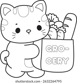 Outline of a bunch of cute cat with various activities.
Lineart of kawaii animal kitty for scrapbook and sticker.
outline of kitten bring a grocery bag
