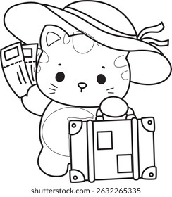 Outline of a bunch of cute cat with various activities.
Lineart of kawaii animal kitty for scrapbook and sticker.
outline of kitten bring a Travelling bag and plane ticket
