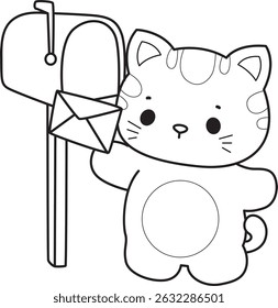 Contorno de um bando de gato bonito com várias atividades.
Lineart de kawaii animal kitty para scrapbook e adesivo.
descrição do gatinho enviando uma mensagem pela caixa de correio
