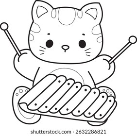 Contorno de um bando de gato bonito com várias atividades.
Lineart de kawaii animal kitty para scrapbook e adesivo.
esboço de gatinho jogando um xilofone
