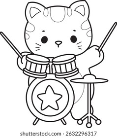 Outline of a bunch of cute cat with various activities.
Lineart of kawaii animal kitty for scrapbook and sticker.
outline of kitten playing a drum in the band
