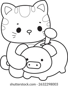 Contorno de um bando de gato bonito com várias atividades.
Lineart de kawaii animal kitty para scrapbook e adesivo.
esboço de gatinho economizando dinheiro no Piggy bank
