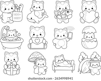 Outline of a bunch of cute cat with various activities.
Lineart of kawaii animal kitty for scrapbook and sticker. Outline of kitten in the random activity