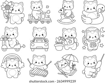 Outline of a bunch of cute cat with various activities.
Lineart of kawaii animal kitty for scrapbook and sticker. Outline of kitten in the variation of activity