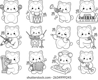 Outline of a bunch of cute cat with various activities.
Lineart of kawaii animal kitty for scrapbook and sticker. Outline of kitten in the variation of music and instrument