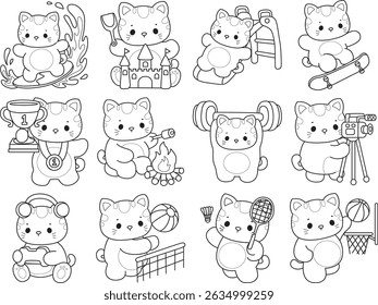 Contorno de um bando de gato bonito com várias atividades.
Lineart de kawaii animal kitty para scrapbook e adesivo. Contorno do gatinho com variação de esporte e treino