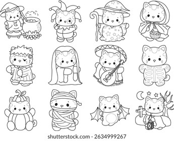 Outline of a bunch of cute cat with various activities.
Lineart of kawaii animal kitty for scrapbook and sticker. Halloween party by kitten with outline version