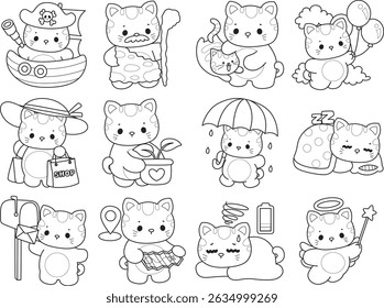 Outline of a bunch of cute cat with various activities.
Lineart of kawaii animal kitty for scrapbook and sticker. Outline of variation daily life by kitten