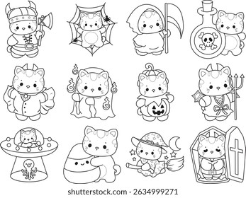 Outline of a bunch of cute cat with various activities.
Lineart of kawaii animal kitty for scrapbook and sticker. Outline of kitten in the variation of halloween costume