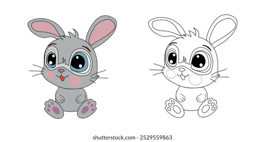 Outline of a bunny for coloring with an example in color. Color according to the sample. Children's cartoon character for creating art projects, coloring pages. Vector illustration for children.
