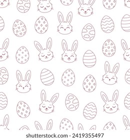 Outline bunny faces with Easter eggs seamless pattern. Coloring book. Happy Easter. Hand drawn vector illustration
