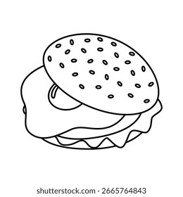 Outline Burger with Fried Egg and vegetables in sesame bun Sandwich Burger Minimalist design element