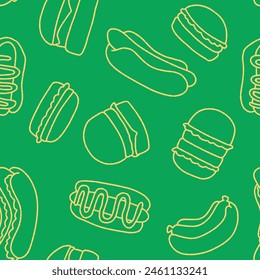 Outline Burger Hotdog Essen Nahtlose Muster Vektorillustration Design