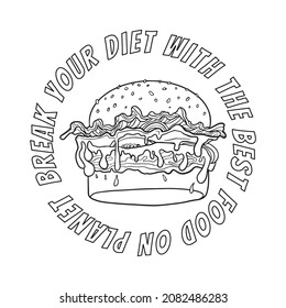 outline burger illustration vector with slogan