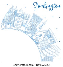 Outline Burlington Iowa City Skyline with Blue Buildings and Copy Space. Vector Illustration. Business Travel and Tourism Illustration with Historic Architecture. Burlington Cityscape with Landmarks.