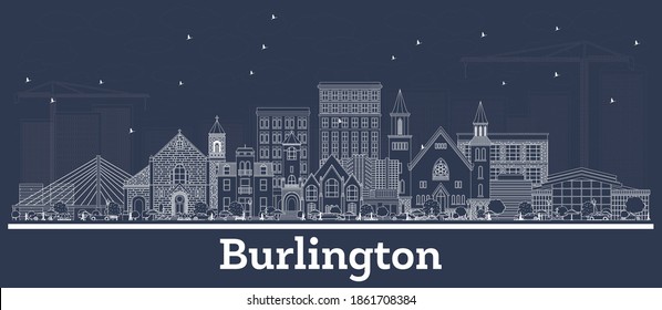 Esbozar Burlington Iowa Skyline con edificios blancos. Ilustración vectorial. Concepto de viajes de negocios y turismo con arquitectura histórica. El paisaje urbano de Burlington con monumentos.