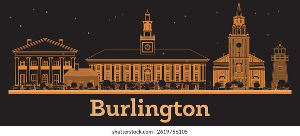 Outline Burlington Vermont City Skyline with orange Buildings. Vector Illustration. Business Travel and Concept with Modern Architecture. Burlington Cityscape with Landmarks.