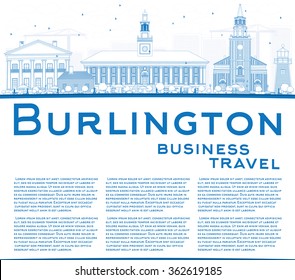 Outline Burlington (Vermont) City Skyline with Blue Buildings and Copy Space. Vector Illustration. Business and tourism concept. Image for presentation, banner, placard or web site
