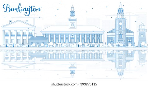 Outline Burlington (Vermont) City Skyline with Blue Buildings and Reflections. Vector Illustration. Business and tourism concept. Image for presentation, banner, placard or web site