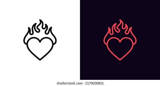Outline burning heart icon, with editable stroke. Heart silhouette with fire, blazing love pictogram. Hot passion, love flame, blazing feeling, passion flame and fire. Vector icon for UI and Animation