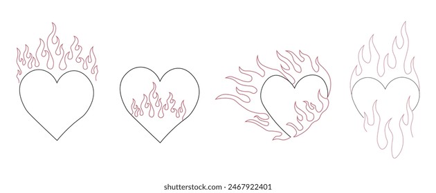 Outline burning heart icon set. Heart silhouette with fire, blazing love pictogram. Vector illustration