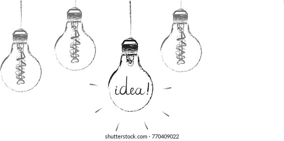 the outline of a burning light bulb on the background of extinct light bulbs.
black and white illustration.
concept of idea