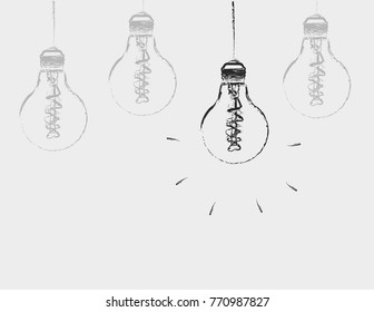 the outline of a burning light bulb on the background of extinct light bulbs.
black and white illustration.
concept of idea
