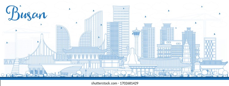 Outline Busan South Korea City Skyline with Blue Buildings. Vector Illustration. Business Travel and Tourism Concept with Historic and Modern Architecture. Busan Cityscape with Landmarks.