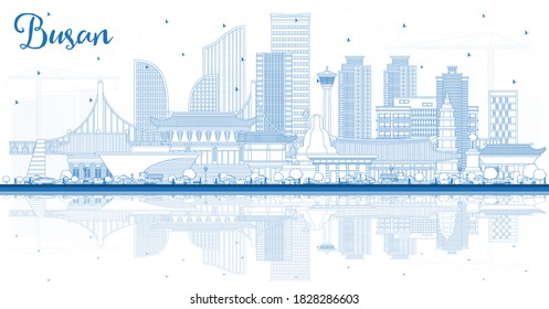 Outline Busan South Korea City Skyline with Blue Buildings and Reflections. Vector Illustration. Business Travel and Tourism Concept with Historic and Modern Architecture. Busan Cityscape.