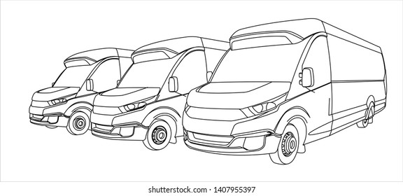 Outline Buses to the bus station. Sightseeing, Tourist Buses in the parking lot. Buses for sale. Modern flat Vector illustration on white background.