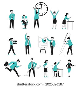 Outline business characters. Office people, female male at work. Startup or entrepreneurs, managers deadline. Corporate presentation, job recent vector set